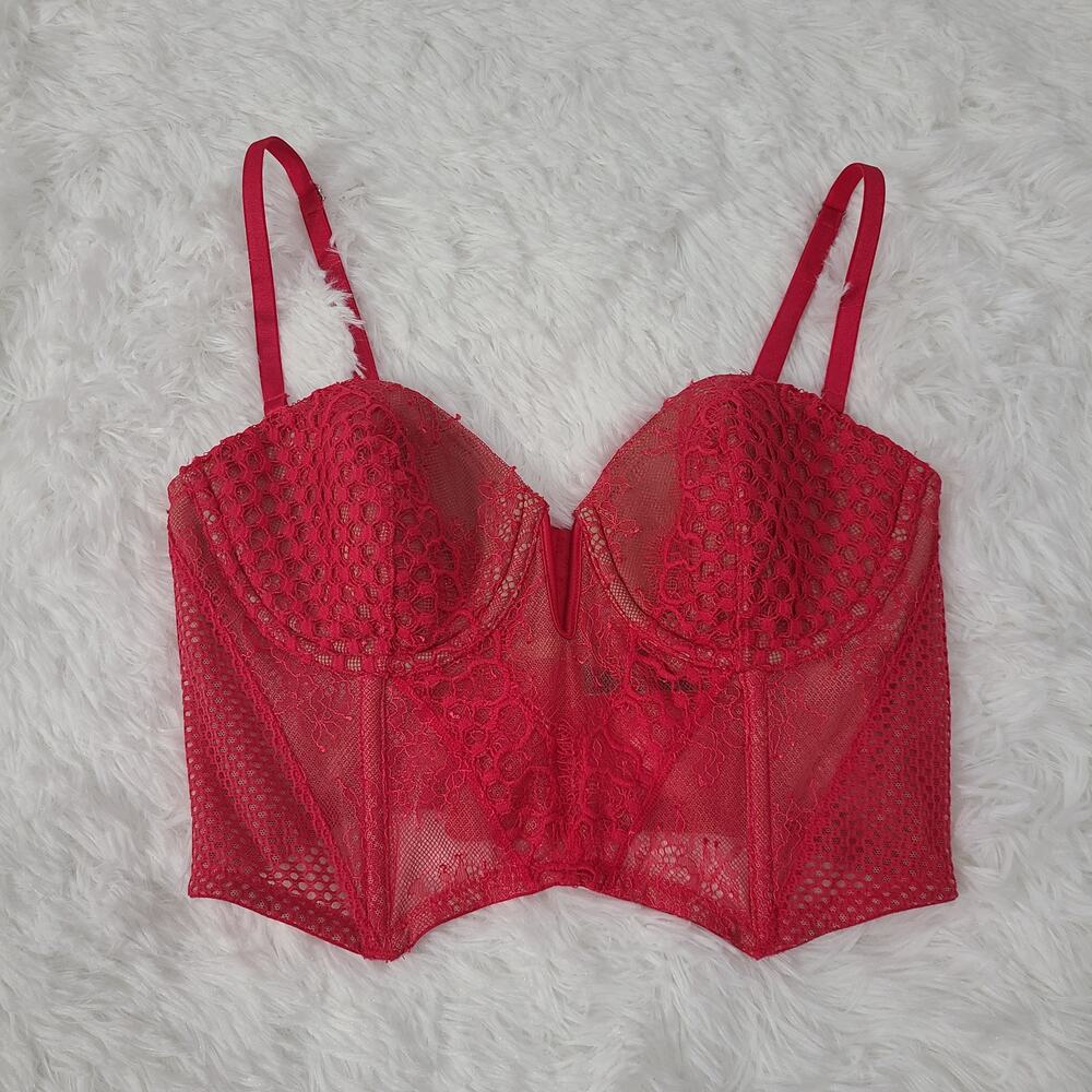 Victoria's Secret Womens Sz 34C Red Nude Lace Long Line Bustier Sheer Bra